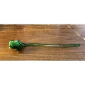 15” Art Glass Green Rose Bud Hand Blown Long Stem Flower Murano Style